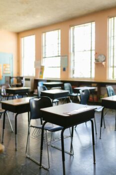 desk in an empty classroom