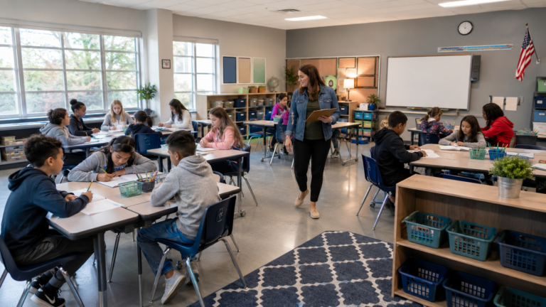 Teacher circulating while students work in a well-managed classroom