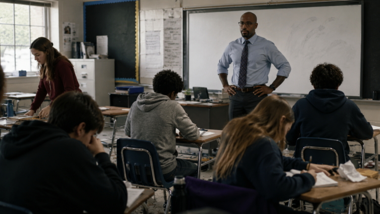 Teacher resetting a classroom while students return to independent work