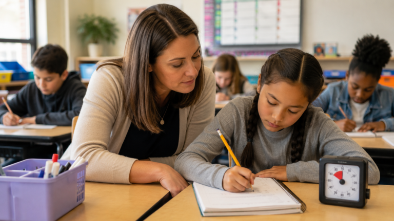Teacher supporting a student during focused independent classroom work