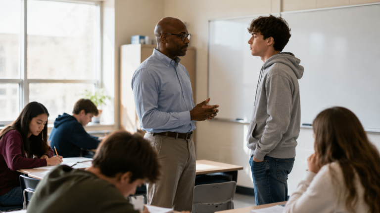 Teacher calmly speaking with a student while classmates continue working