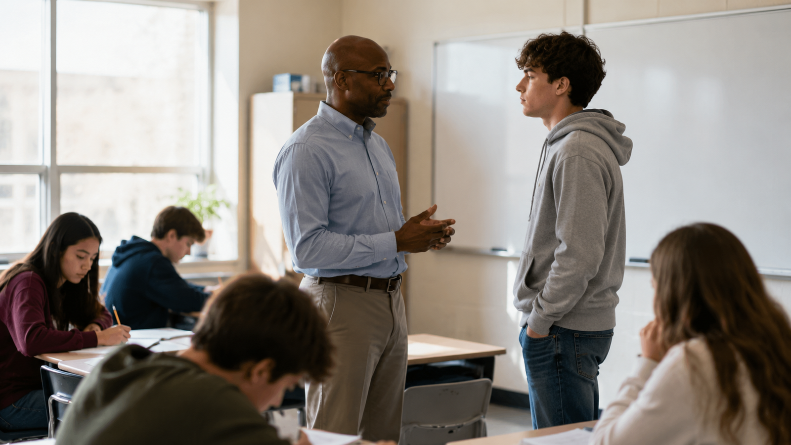 Teacher calmly speaking with a student while classmates continue working