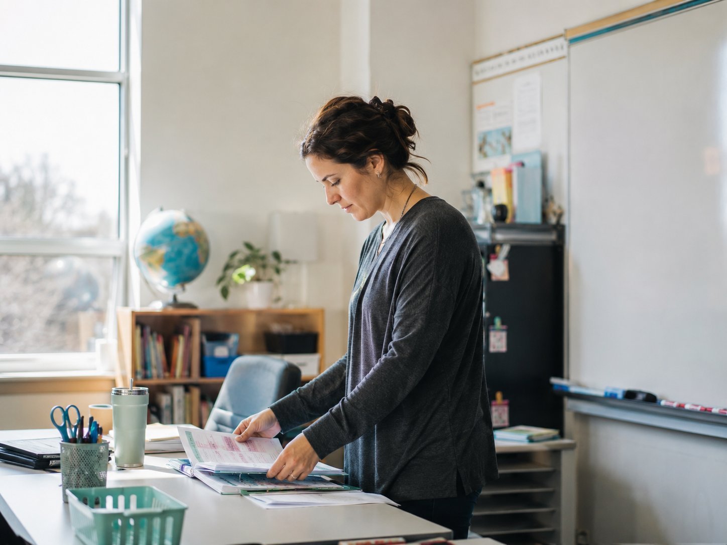 Teacher preparing materials in a classroom