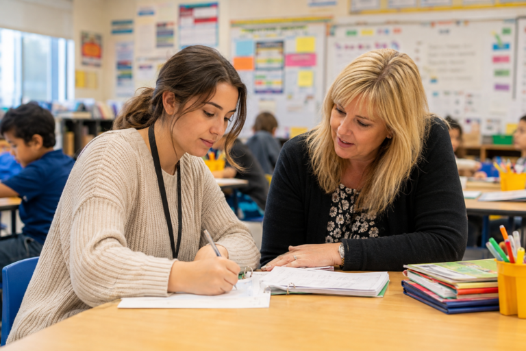 Student teacher planning with a cooperating teacher in an elementary classroom
