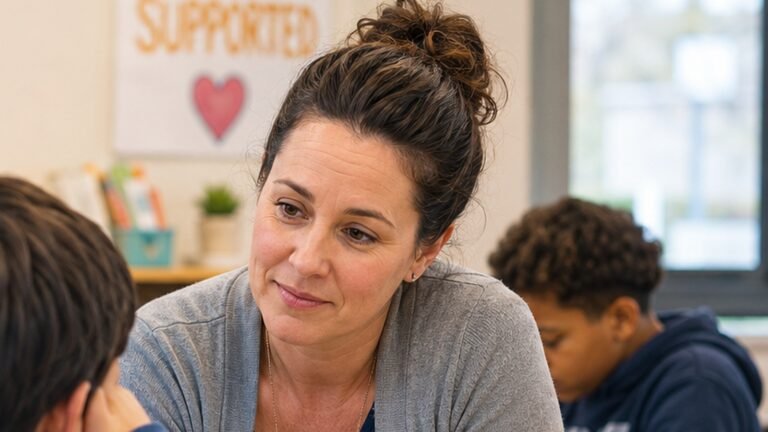 Teacher calmly supporting a student in a classroom during a trauma-informed interaction