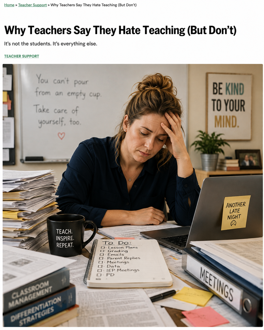 Exhausted teacher at a desk surrounded by paperwork and lesson-planning materials.